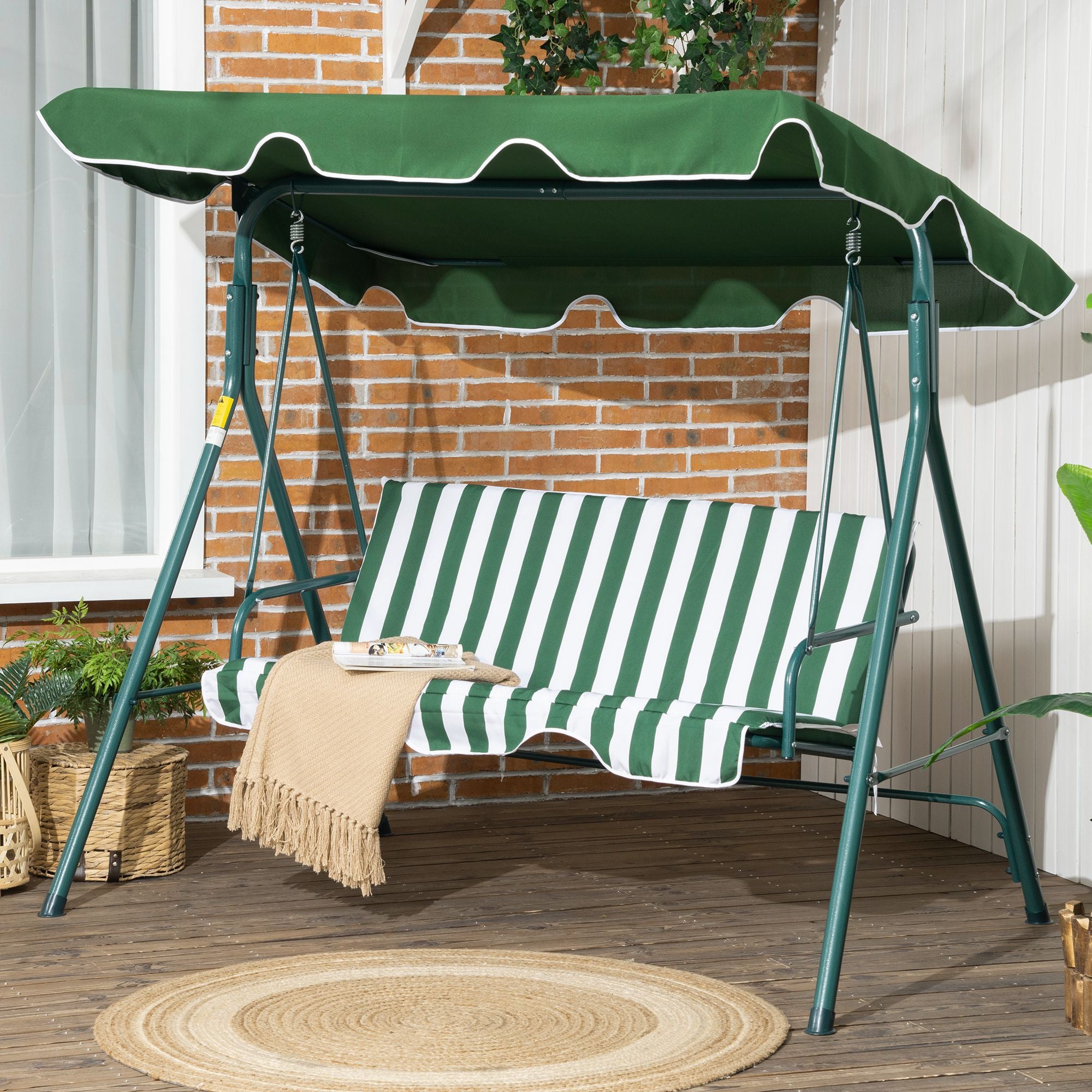 Dondolo 3 Posti da Giardino 172x110x153 cm in Acciaio a Strisce Bianco e Verde