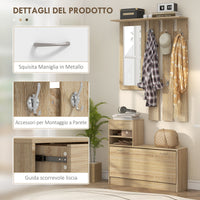 Mobile Guardaroba per Ingresso con Specchio Appendiabiti e Scarpiera Regolabile 90x24x177 cm Quercia