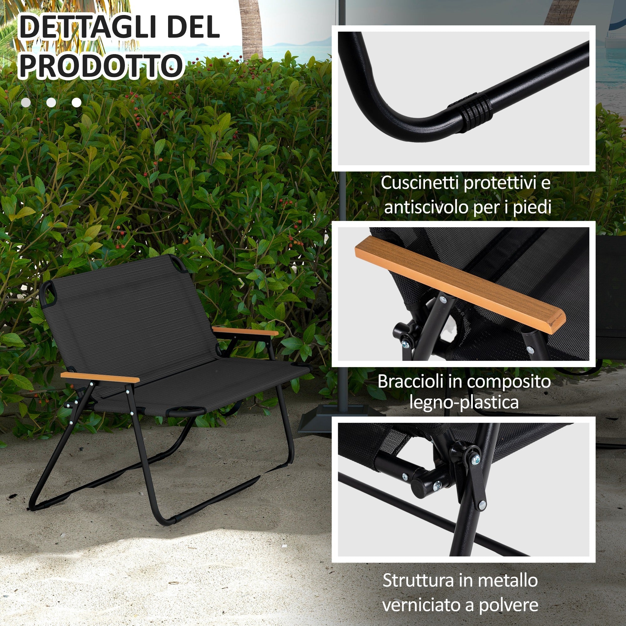 Sedia Panchina da Campeggio 2 Posti Pieghevole 108x65x73cm in Acciaio e tessuto Oxford Nero