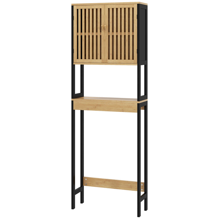 Mobile Sopra WC con Armadietto 2 Ante a Doghe e Ripiano Aperto 60x21,5x172 cm in Bambù e MDF Legno Naturale e Nero