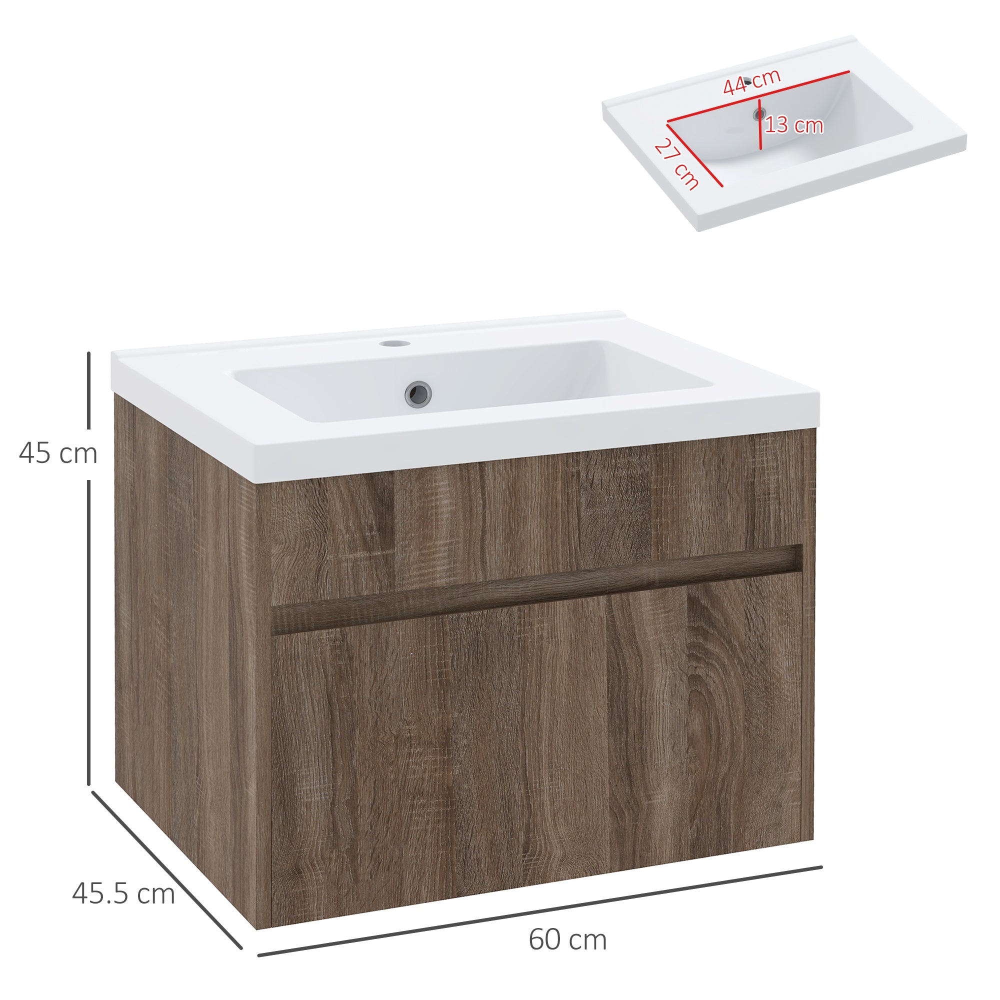 Mobile Lavabo 1 Cassetto 60x45,5x45 cm in Truciolato e Ceramica Marrone Chiaro