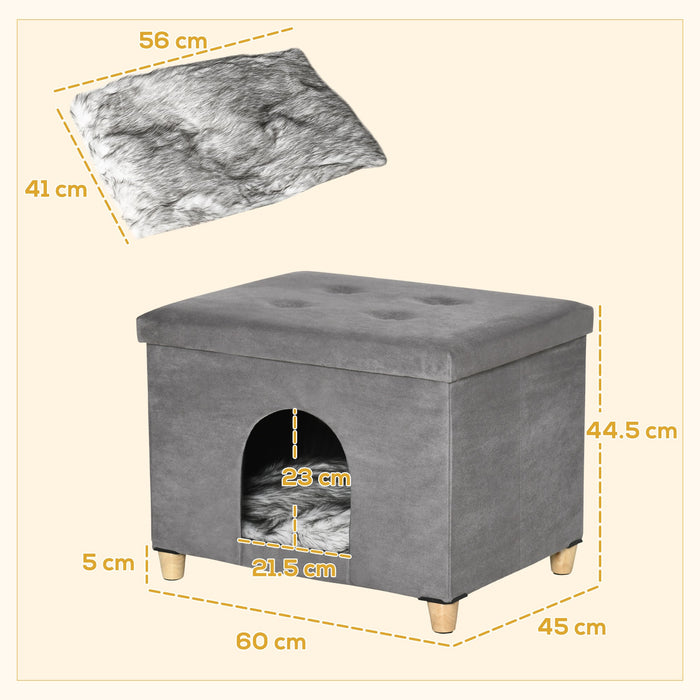 Casetta per Gatti Pouf Poggiapiedi Imbottito 60x45x44,5 cm con Cuscino Rimovibile e Lavabile Grigio