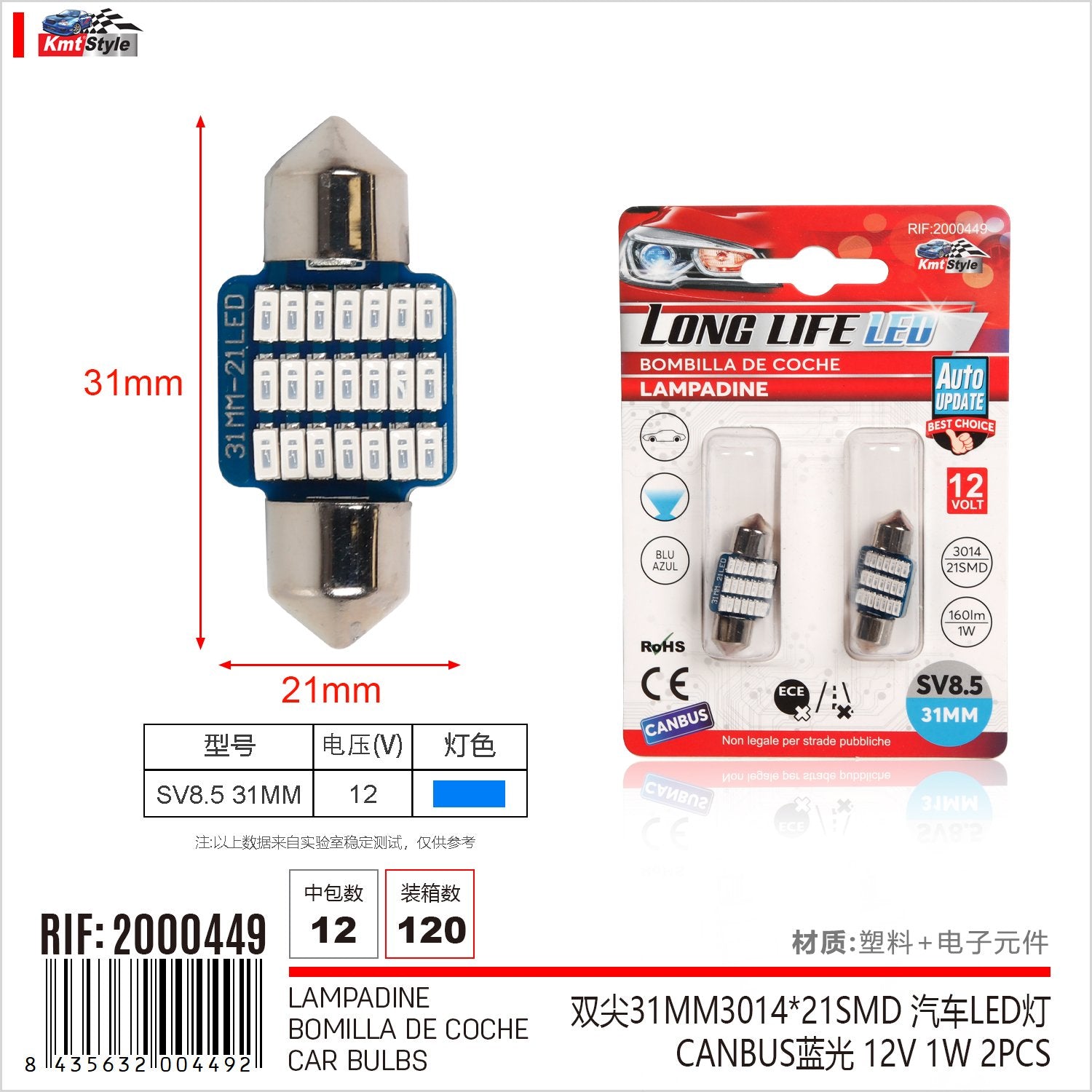 8 Pezzi Lampada Led Siluro 31mm Canbus T11 SV8.5 C5W C10W 21 SMD 3014 12V 1W 160lm Luce Colore Blu