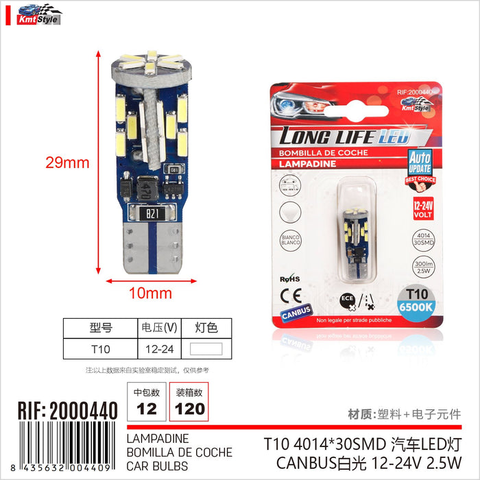 4 Pezzi Lampada Led T10 W5W 30 SMD 4014 12-24V 2.5W 300lm Bianco Freddo 6500K Adatto per Auto e Camion H29mm