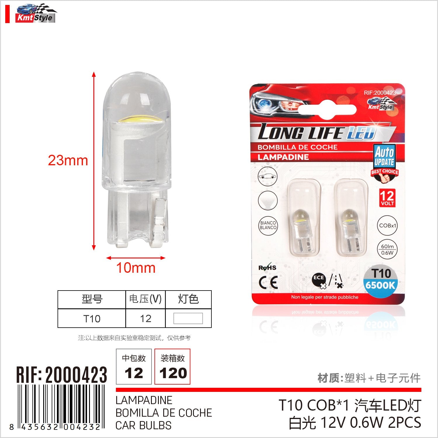 8 Pezzi Lampada Led T10 W5W 1 COB 12V 0.6W 60lm Bianco Freddo 6500K 23mm