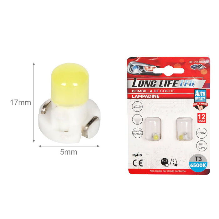 8 Pezzi Lampada Led T3 1 COB  12V 0.6W 40lm Bianco Freddo 6500K 17mm Luci Cruscotti e Strumentazioni