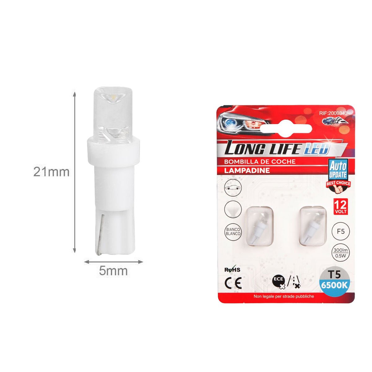 8 Pezzi Lampada Led T5 F5 12V 0.5W 300lm Bianco Freddo 6500K