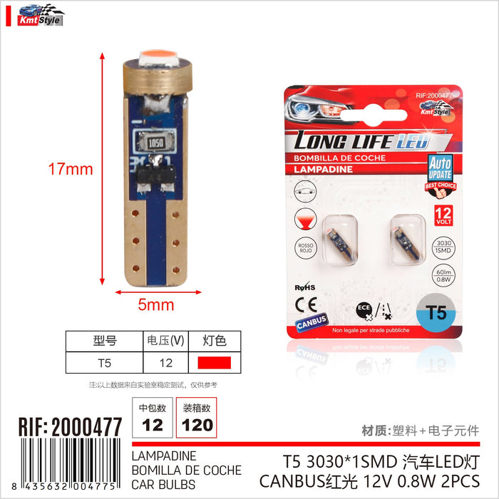 8 Pezzi Lampada Led T5 W3W Canbus 1 SMD 3030 12V 60lm 0.8W Luce Rosso per Cruscotti e Strumentazioni 17mm