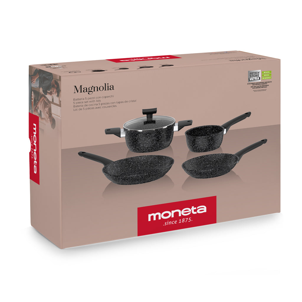 Batteria di Pentole 5 Pezzi Antiaderente Induzione in Alluminio Effetto Pietra Moneta Magnolia Stone Black