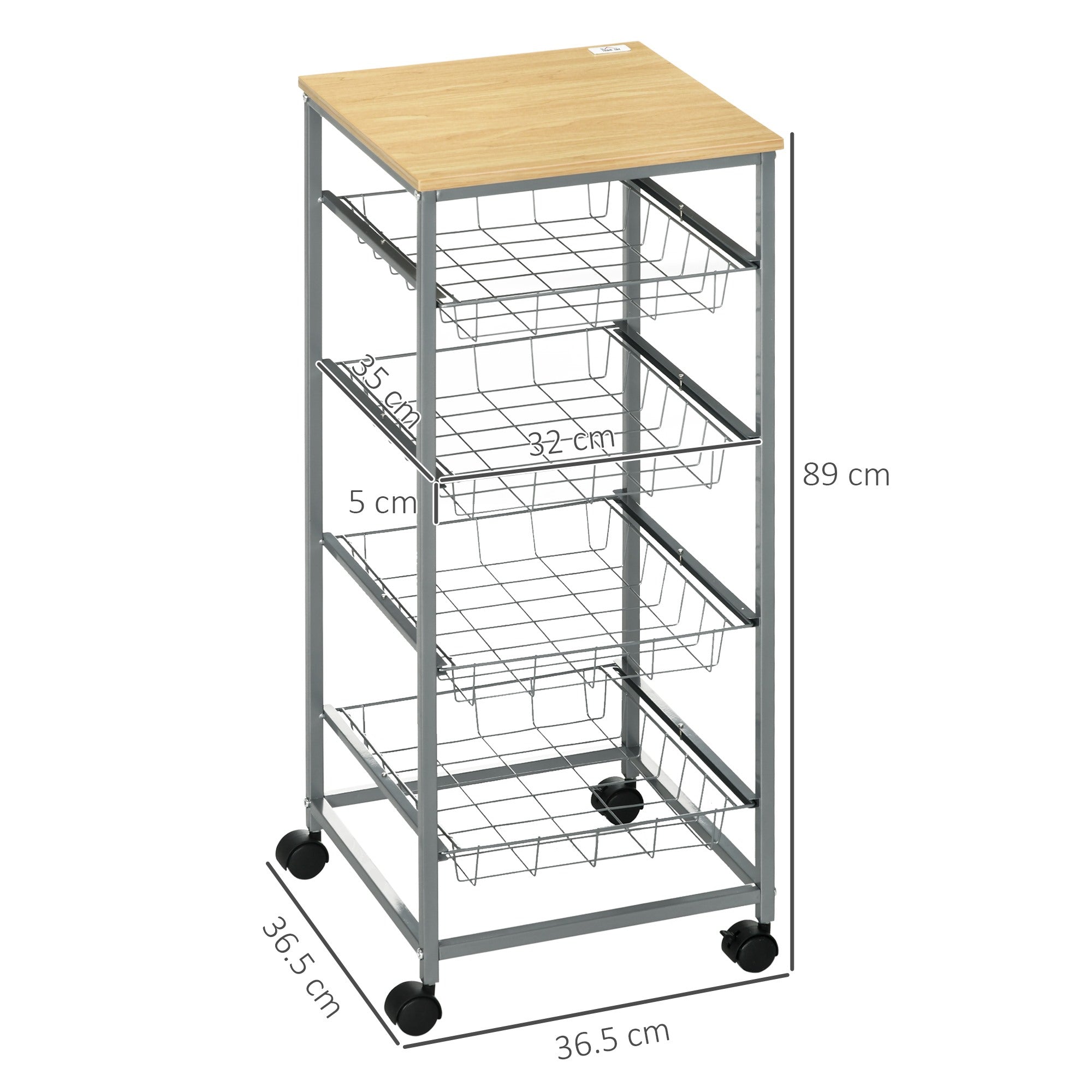 Easycomfort Carrello Cucina Salvaspazio Ruote 4 Cesti Acciaio Legno 36.5 × 36.5 × 89cm