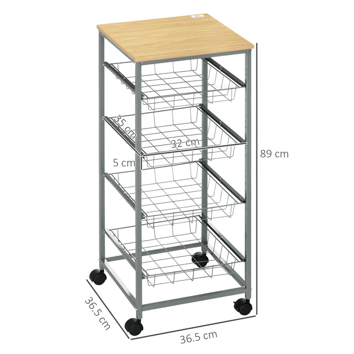 Easycomfort Carrello Cucina Salvaspazio Ruote 4 Cesti Acciaio Legno 36.5 × 36.5 × 89cm