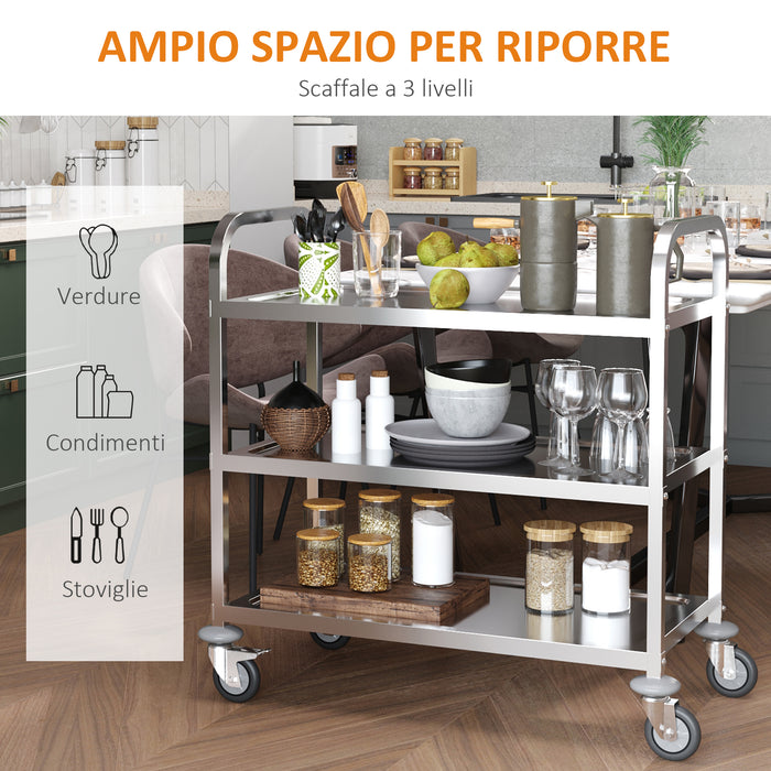 Easycomfort Carrello da Cucina 3 Ripiani Aperti 4 Ruote Omnidirezionali con 2 Freni Cuscinetti Anti-Collisione in Acciaio Inossidabile 430 Argento 85x45x90cm