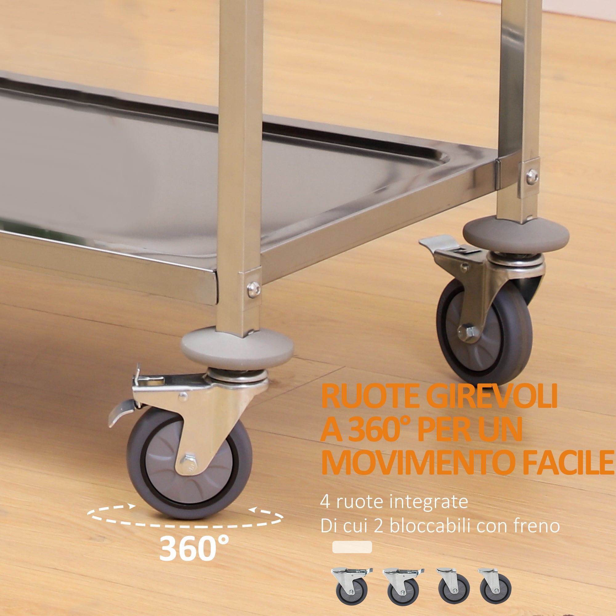 Easycomfort Carrello da Cucina 3 Ripiani Aperti 4 Ruote Omnidirezionali con 2 Freni Cuscinetti Anti-Collisione in Acciaio Inossidabile 430 Argento 85x45x90cm