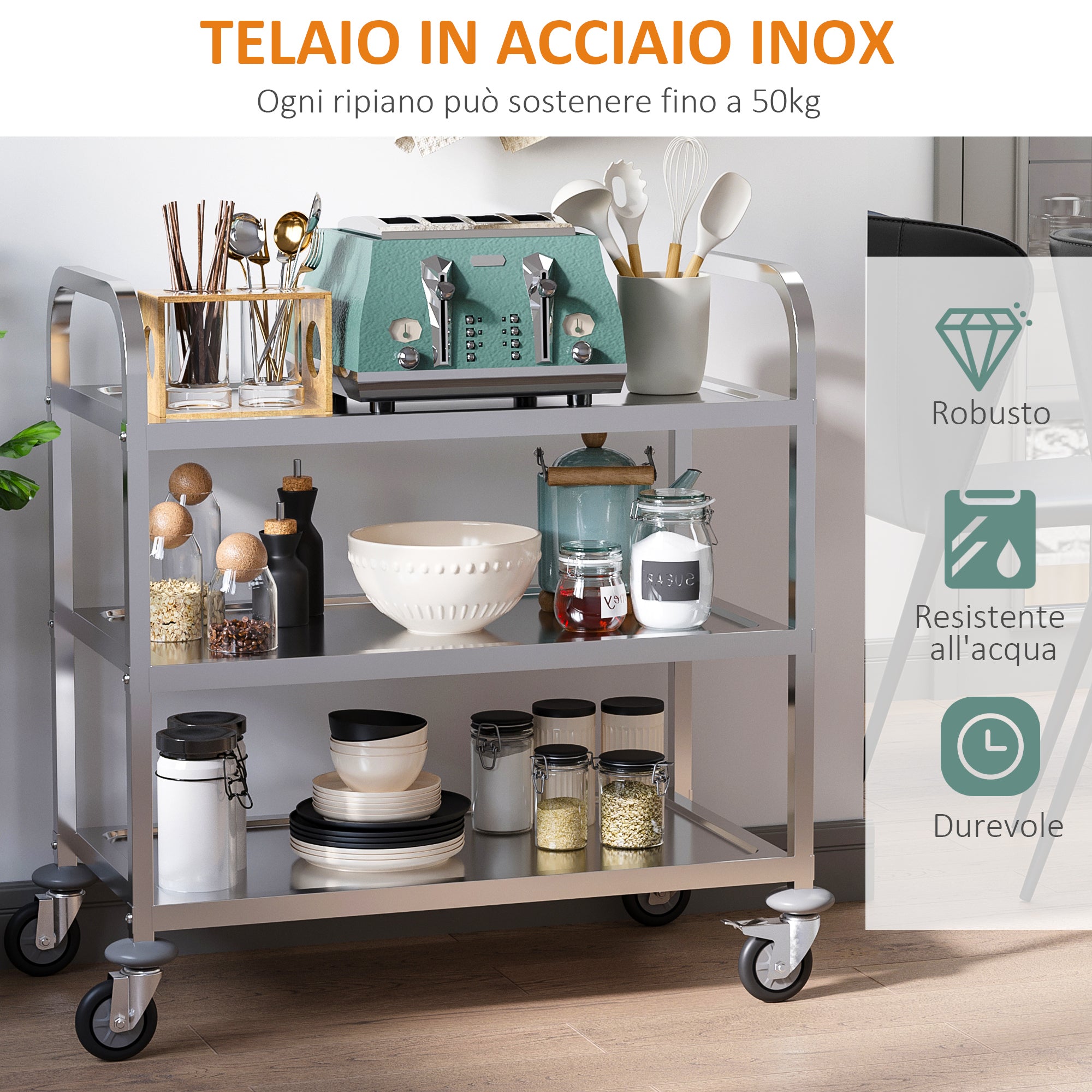 Easycomfort Carrello da Cucina 3 Ripiani Aperti 4 Ruote Omnidirezionali con 2 Freni Cuscinetti Anti-Collisione in Acciaio Inossidabile 430 Argento 85x45x90cm