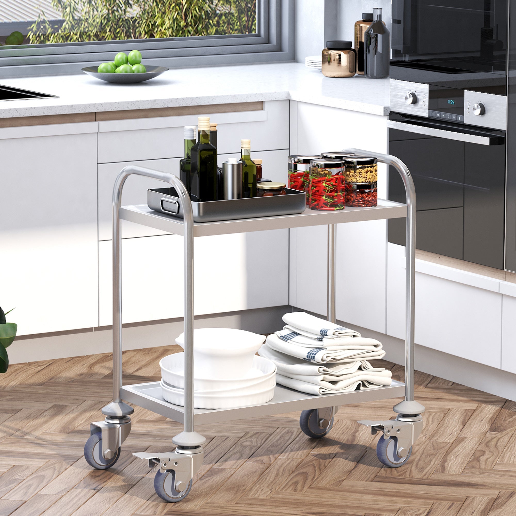 Carrello Portavivande da Cucina 2 Ripiani in Acciaio Inox 71x41x81 cm