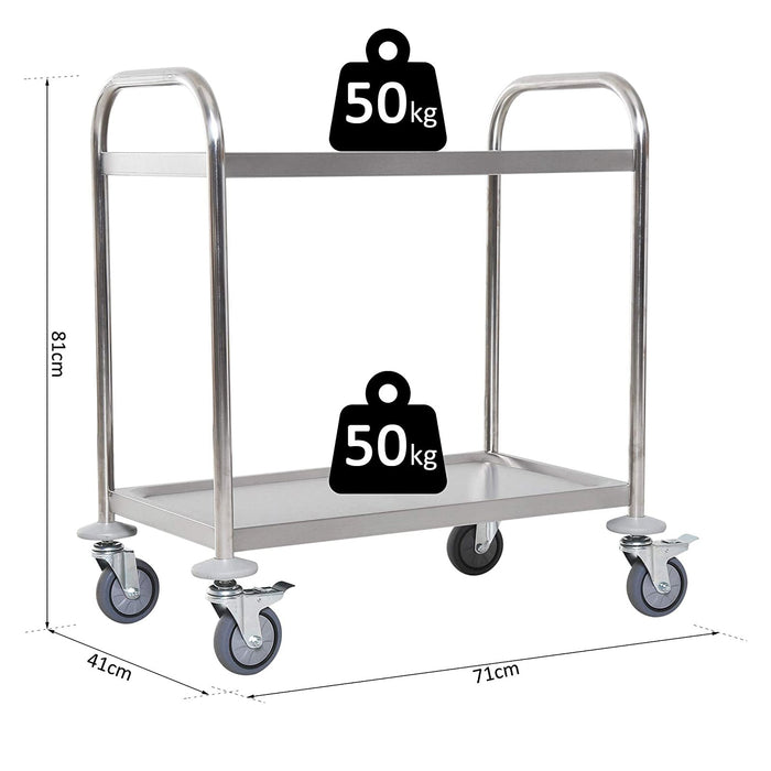 Carrello Portavivande da Cucina 2 Ripiani in Acciaio Inox 71x41x81 cm