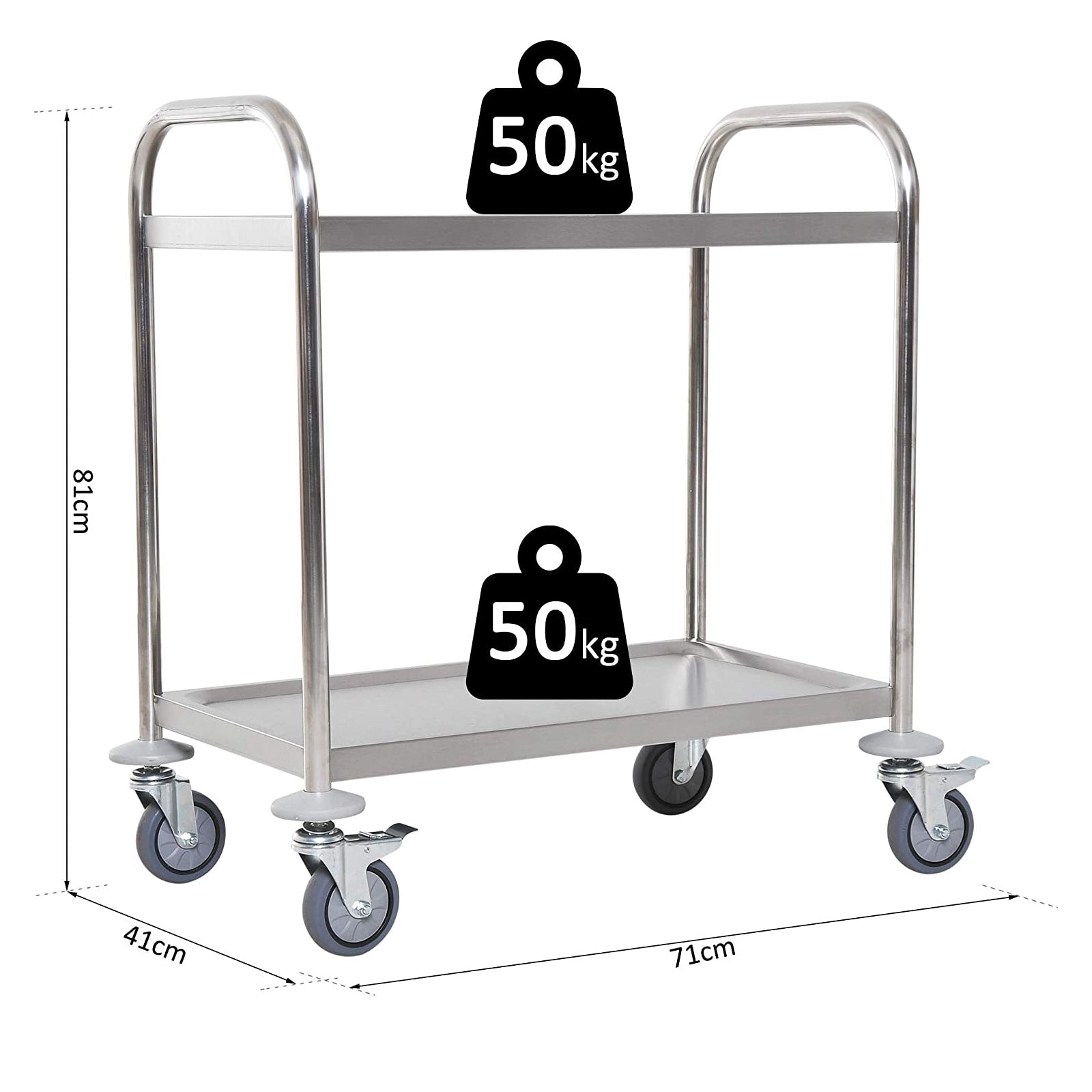 Easycomfort Carrello da Cucina 2 Ripiani con Ruote in Acciaio Inox 71x41x81cm, Argento