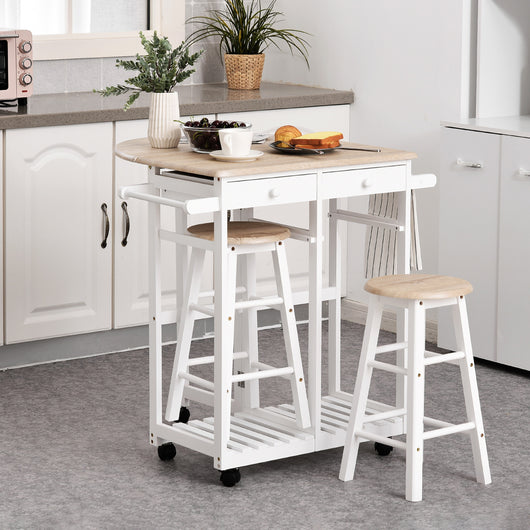 EASYCOMFORT Carrello da Cucina Pieghevole con 2 Sgabelli in Legno MDF Bianco