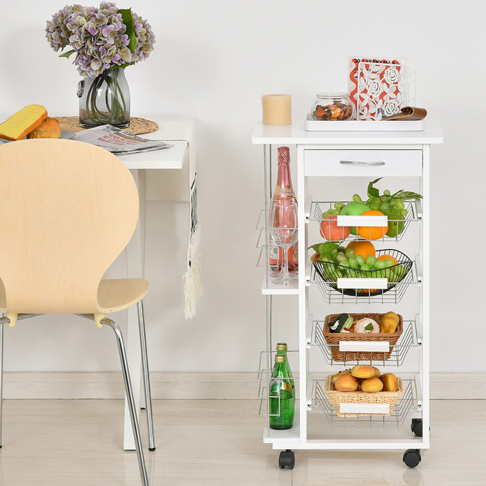 Easycomfort Carrello da Cucina Salvaspazio in Legno Bianco, Portavivande con 1 Piano di Lavoro 1 Cassetto e 4 Cestelli Metallici, 47x37x83cm