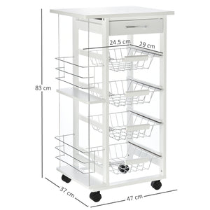 Easycomfort Carrello da Cucina Salvaspazio in Legno Bianco, Portavivande con 1 Piano di Lavoro 1 Cassetto e 4 Cestelli Metallici, 47x37x83cm