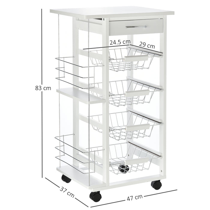 Easycomfort Carrello da Cucina Salvaspazio in Legno Bianco, Portavivande con 1 Piano di Lavoro 1 Cassetto e 4 Cestelli Metallici, 47x37x83cm