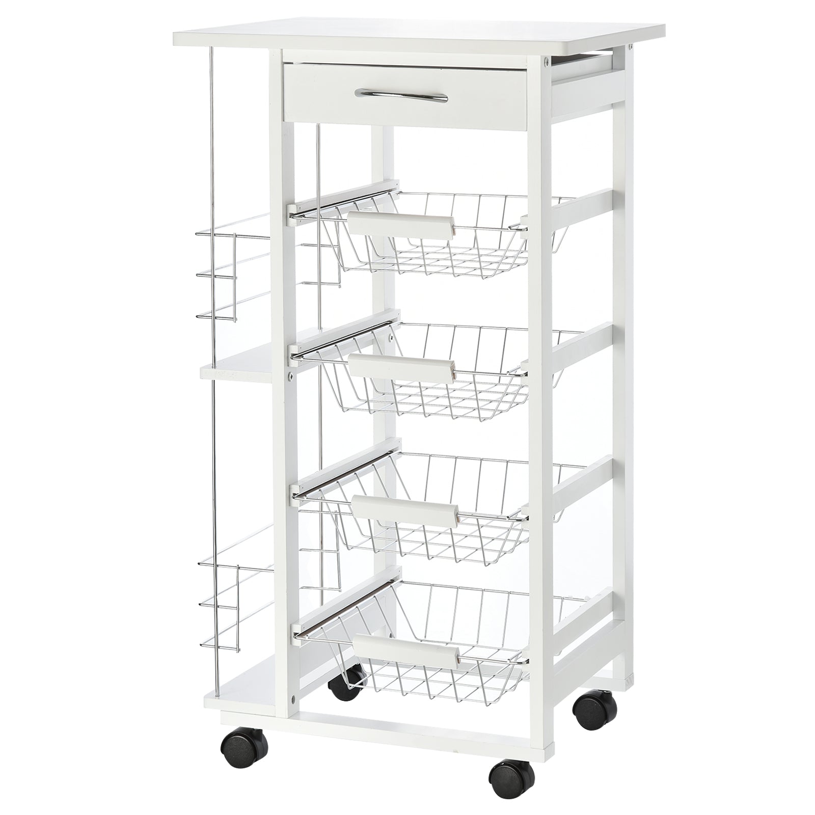 Easycomfort Carrello da Cucina Salvaspazio in Legno Bianco, Portavivande con 1 Piano di Lavoro 1 Cassetto e 4 Cestelli Metallici, 47x37x83cm