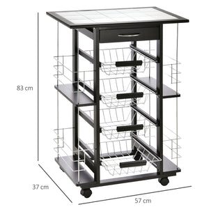 Easycomfort Carrello da Cucina Salvaspazio con 1 Cassetto, 4 Cesti Estraibili, 4 Ripiani, Legno di Pino e Metallo, 57x37x83cm