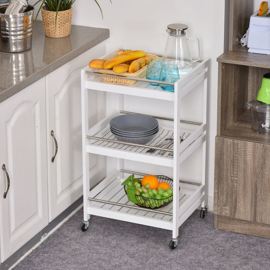 Easycomfort Carrello da Cucina Portavivande in Legno con 3 Ripiani e Ruote, 45x38x78cm, Bianco