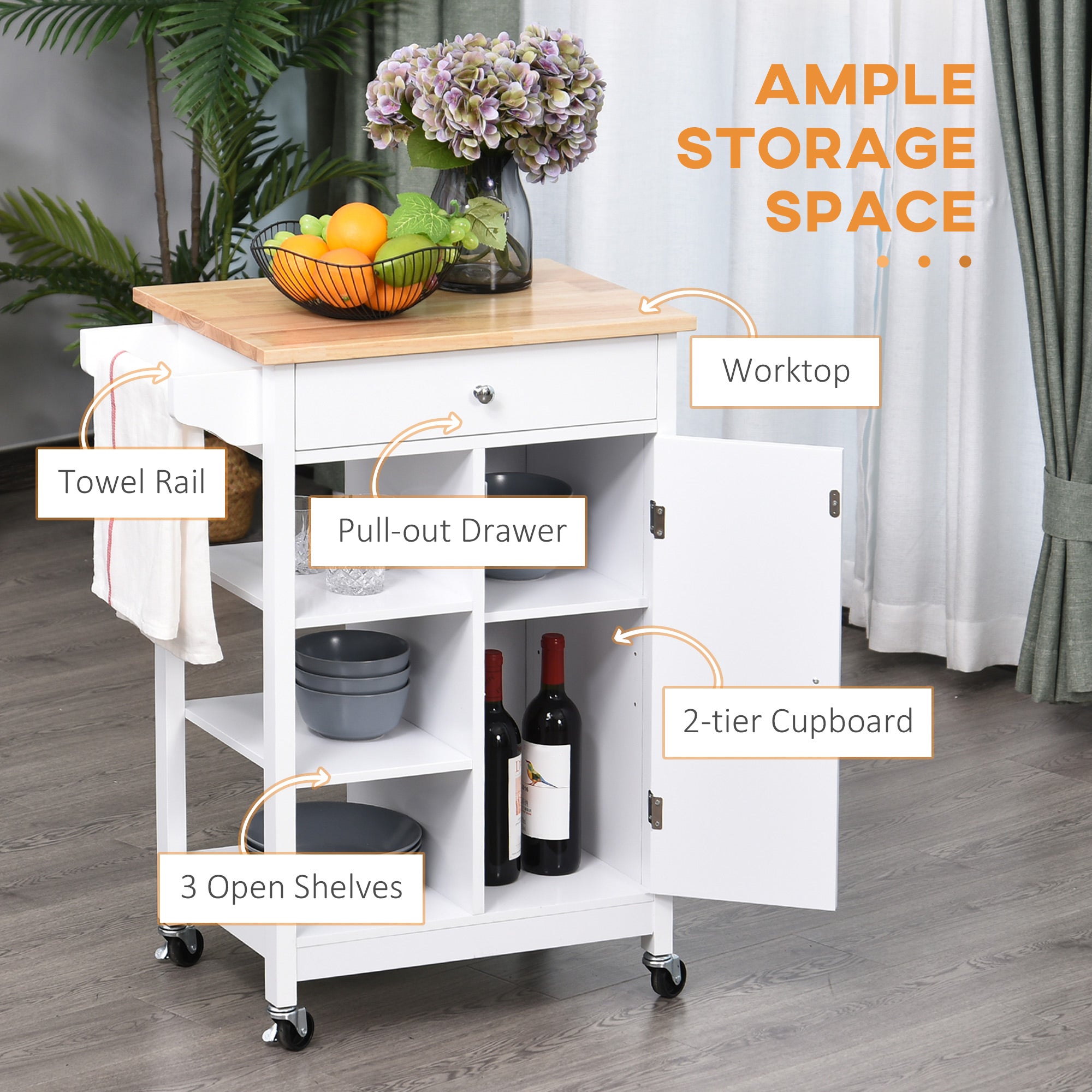 Easycomfort Carrello da Cucina Salvaspazio in Legno MDF Bianco: 1 Cassetto, 1 Armadietto, 3 Mensole e 4 Ruote, 66x39.5x86.5cm