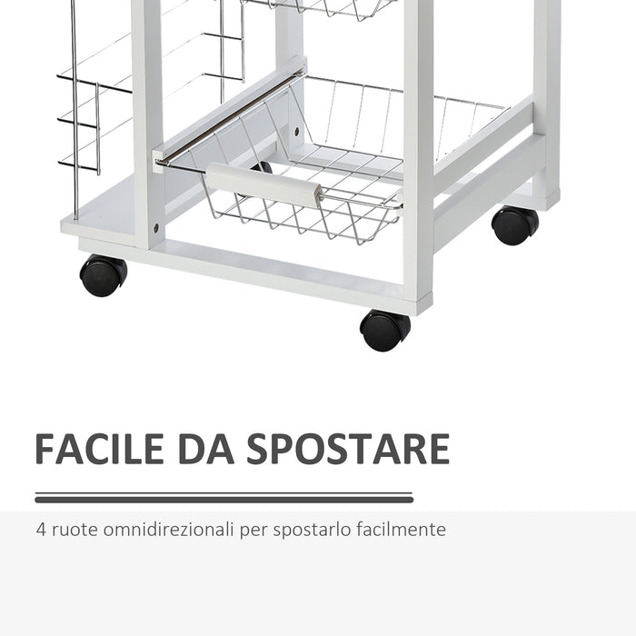 Easycomfort Carrello Isola da Cucina Salvaspazio in Legno di Pino, Carrello Portavivande con 4 Ruote Cassetto 3 Cesti Estraibili Portafrutta, Bianco