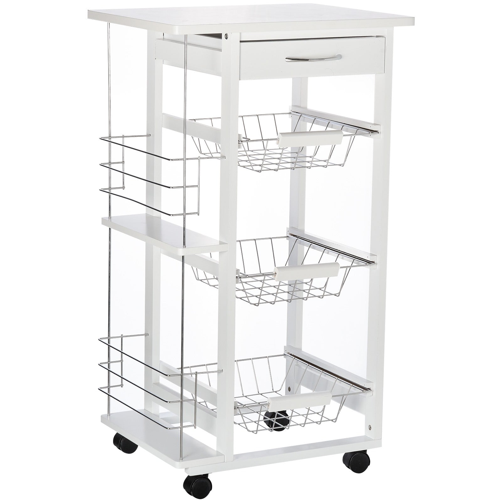 Easycomfort Carrello Isola da Cucina Salvaspazio in Legno di Pino, Carrello Portavivande con 4 Ruote Cassetto 3 Cesti Estraibili Portafrutta, Bianco