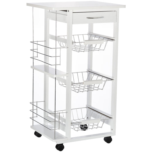 Easycomfort Carrello Isola da Cucina Salvaspazio in Legno di Pino, Carrello Portavivande con 4 Ruote Cassetto 3 Cesti Estraibili Portafrutta, Bianco