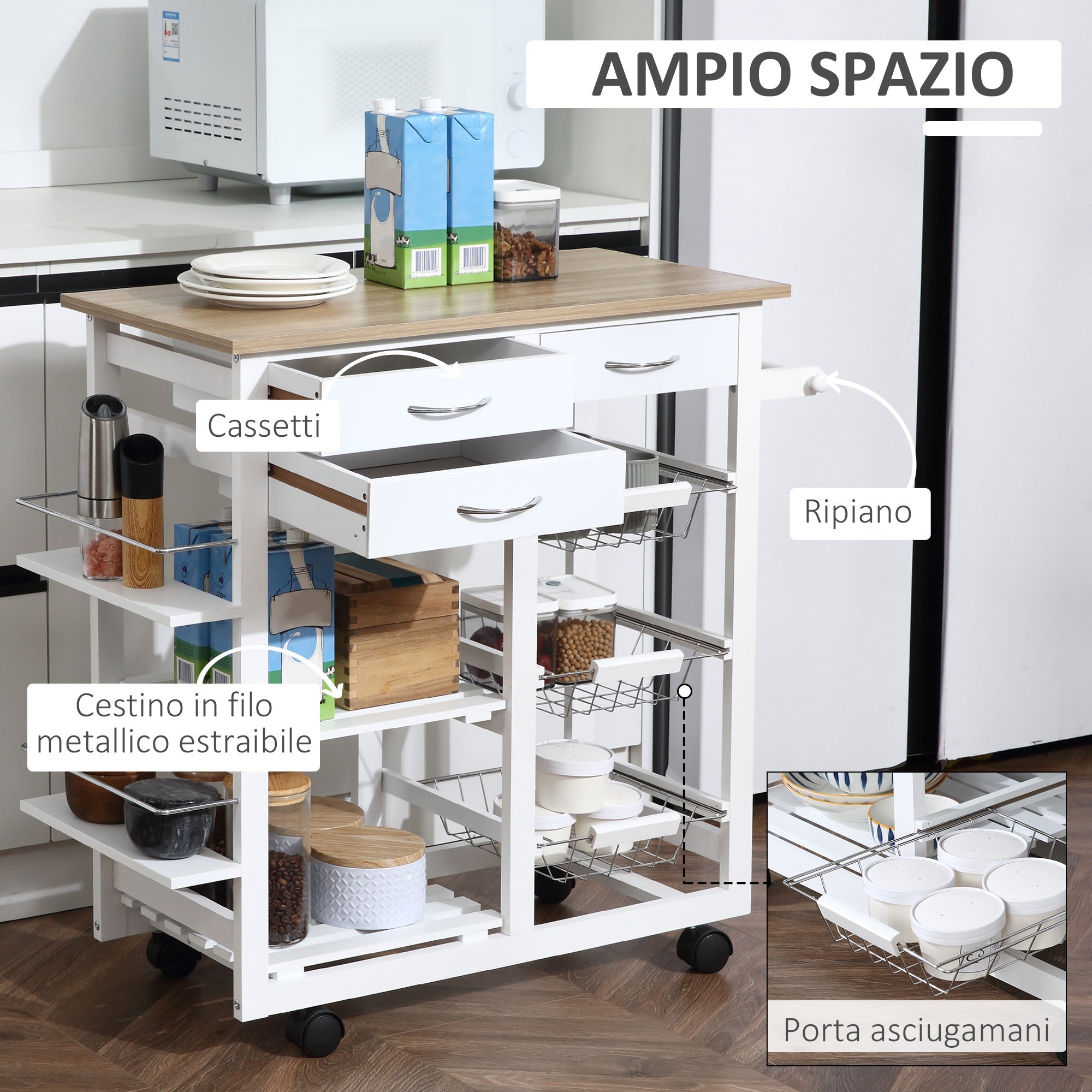 Carrello da Cucina 92x37x82 cm in Legno MDF  Bianco