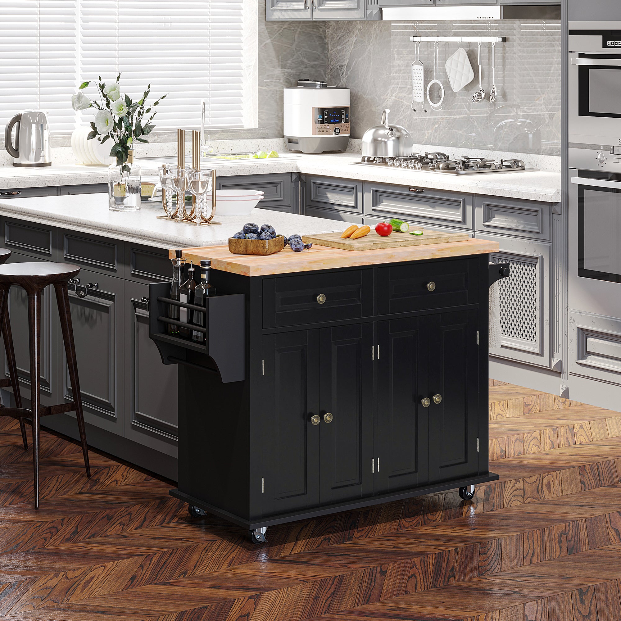 EASYCOMFORT  Carrello da Cucina Portavivande con Cassetti, Armadietti e Portaspezie, in Legno e MDF, 111x44.5x82.5 cm, Nero