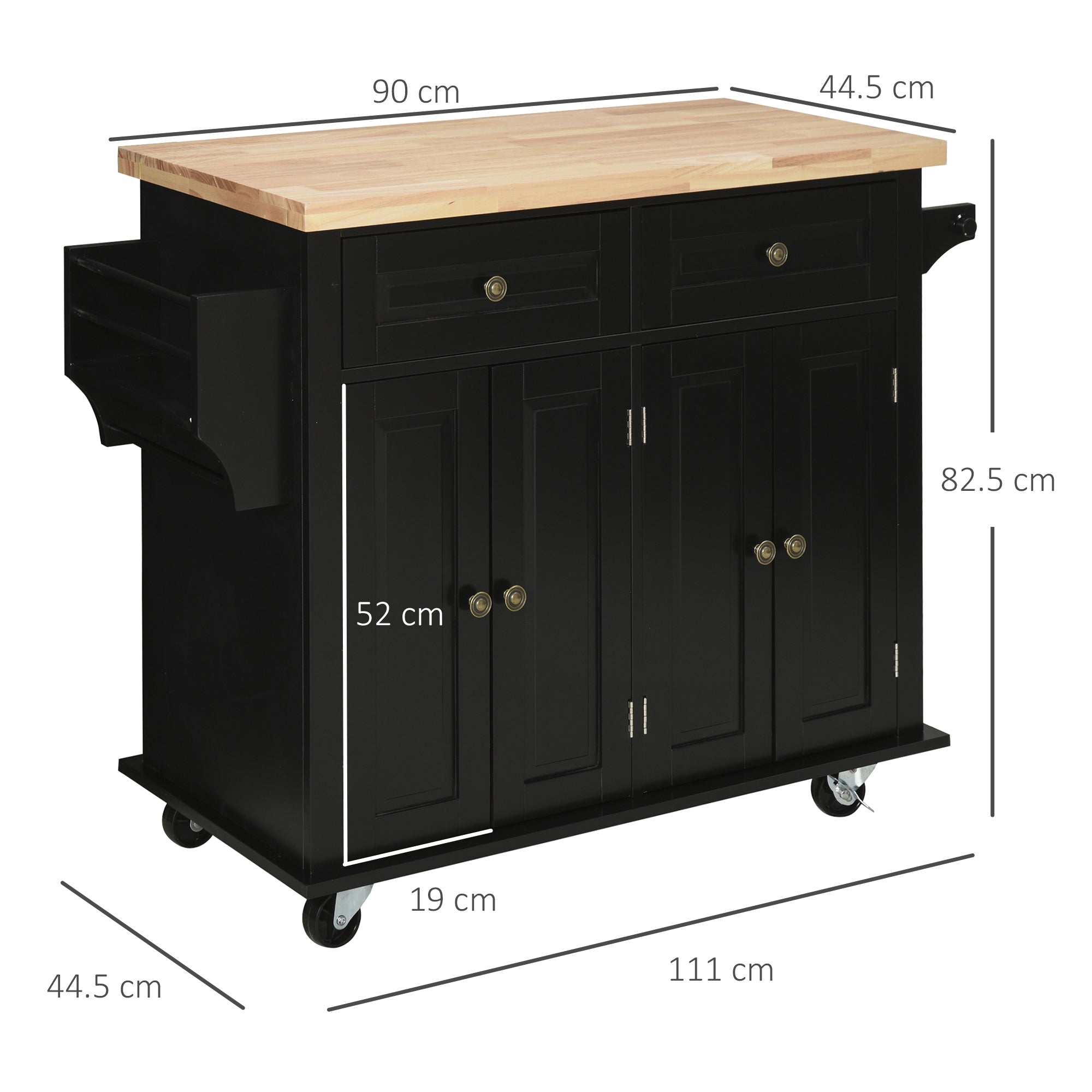 EASYCOMFORT  Carrello da Cucina Portavivande con Cassetti, Armadietti e Portaspezie, in Legno e MDF, 111x44.5x82.5 cm, Nero