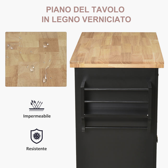 EASYCOMFORT  Carrello da Cucina Portavivande con Cassetti, Armadietti e Portaspezie, in Legno e MDF, 111x44.5x82.5 cm, Nero