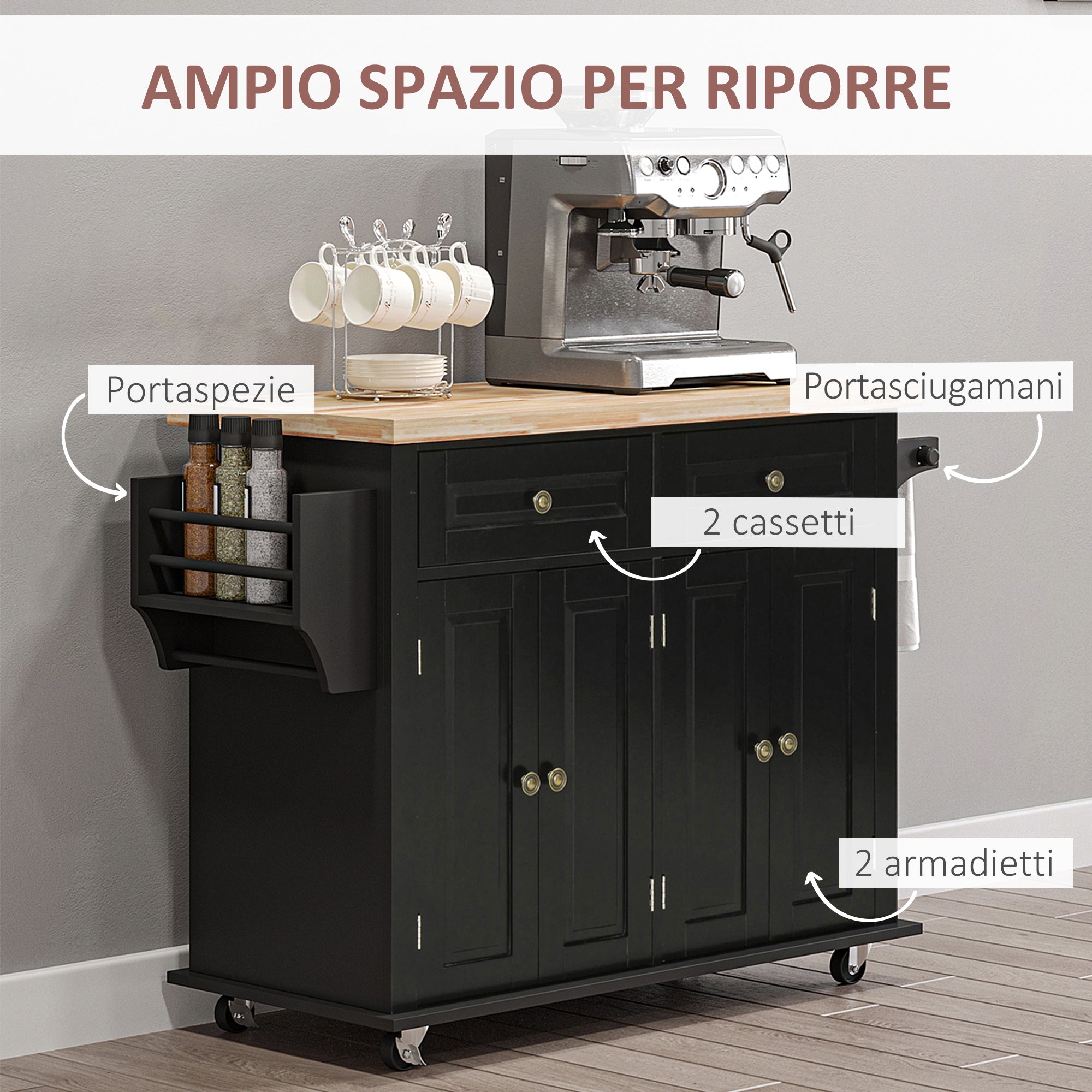 EASYCOMFORT  Carrello da Cucina Portavivande con Cassetti, Armadietti e Portaspezie, in Legno e MDF, 111x44.5x82.5 cm, Nero