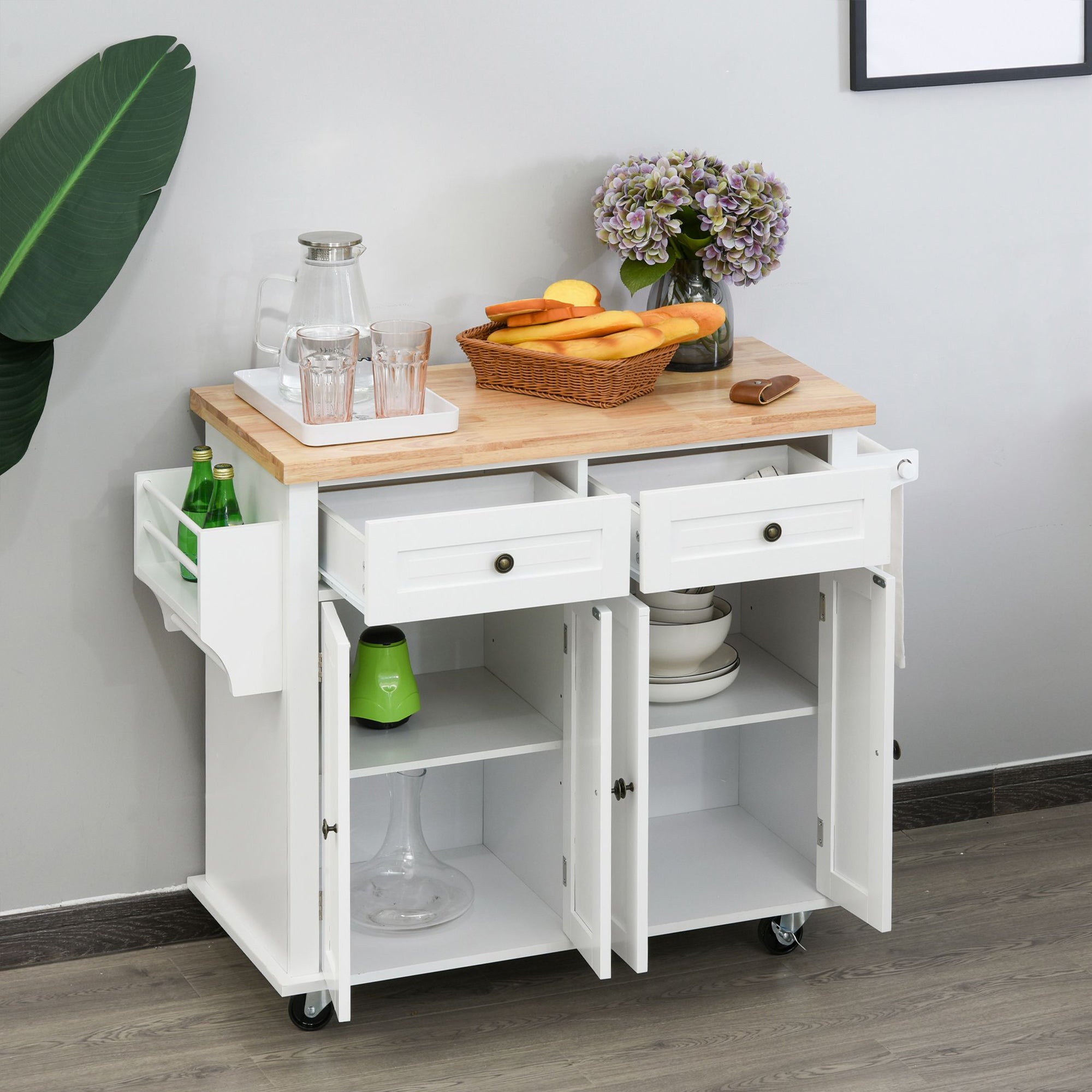 Easycomfort Carrello da Cucina Portavivande con Cassetti, Armadietti, Portaspezie e 4 Ruote, Legno, 111x44.5x82.5cm, Bianco