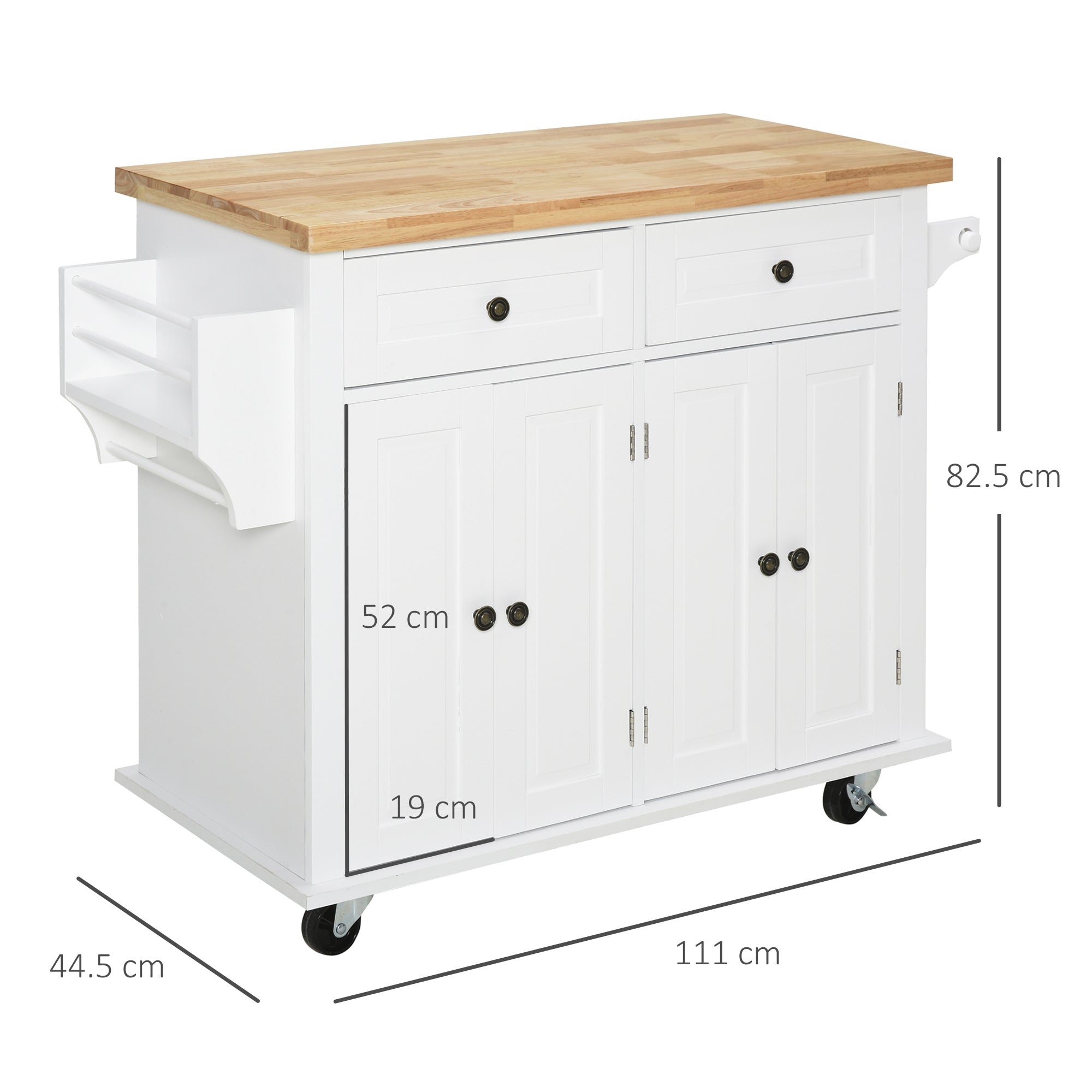 Easycomfort Carrello da Cucina Portavivande con Cassetti, Armadietti, Portaspezie e 4 Ruote, Legno, 111x44.5x82.5cm, Bianco