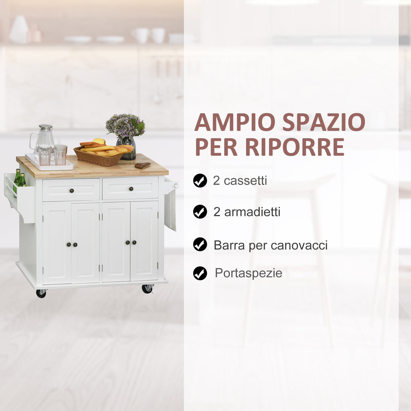 Easycomfort Carrello da Cucina Portavivande con Cassetti, Armadietti, Portaspezie e 4 Ruote, Legno, 111x44.5x82.5cm, Bianco