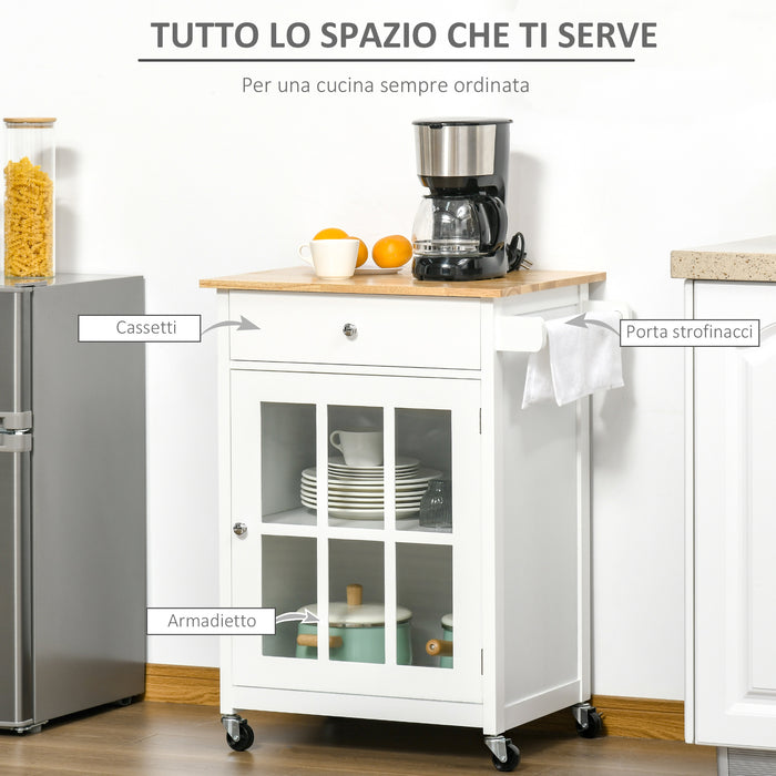 Easycomfort Carrello da Cucina Multiuso con 4 Ruote, in Legno Bianco, 67x48x86.5cm