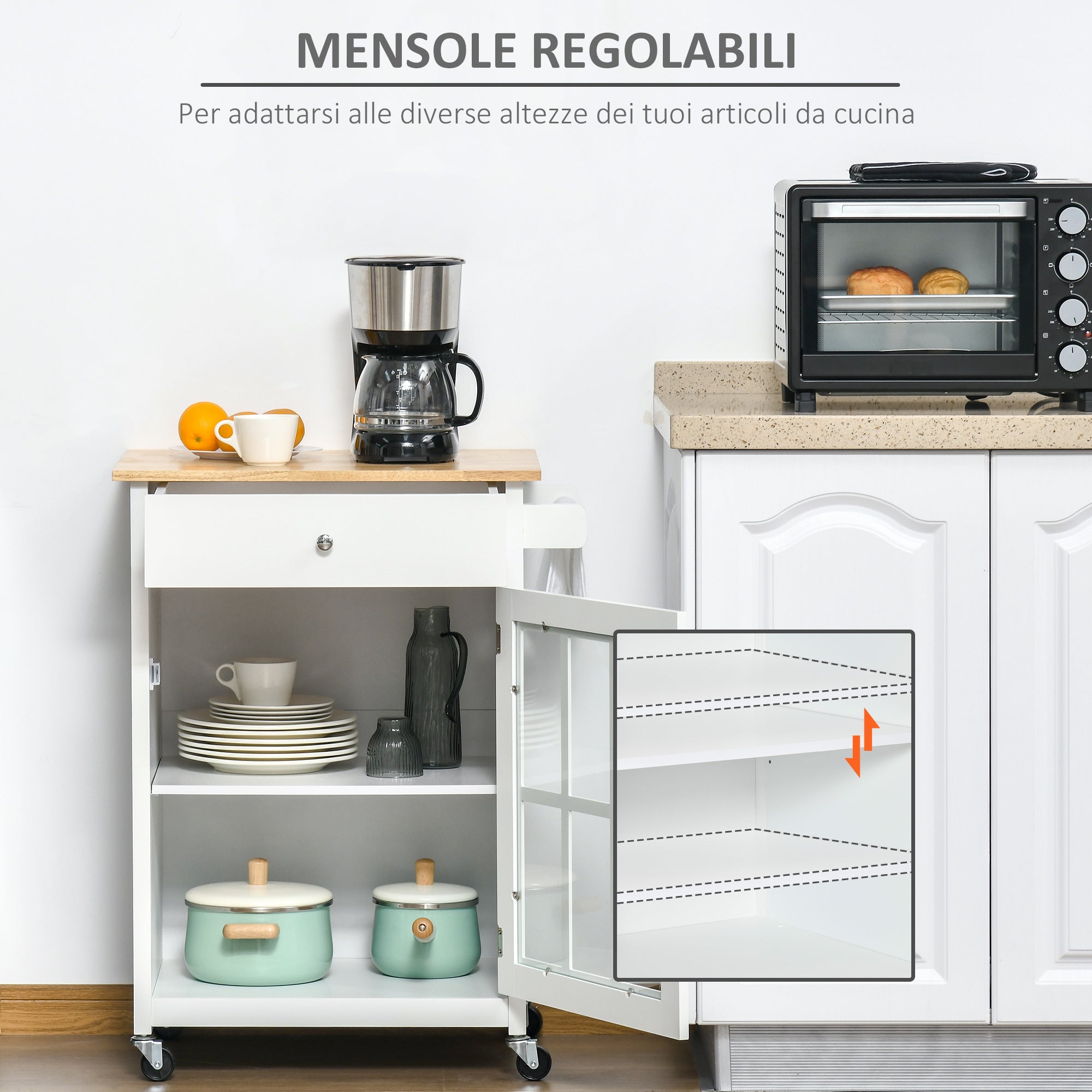 Easycomfort Carrello da Cucina Multiuso con 4 Ruote, in Legno Bianco, 67x48x86.5cm