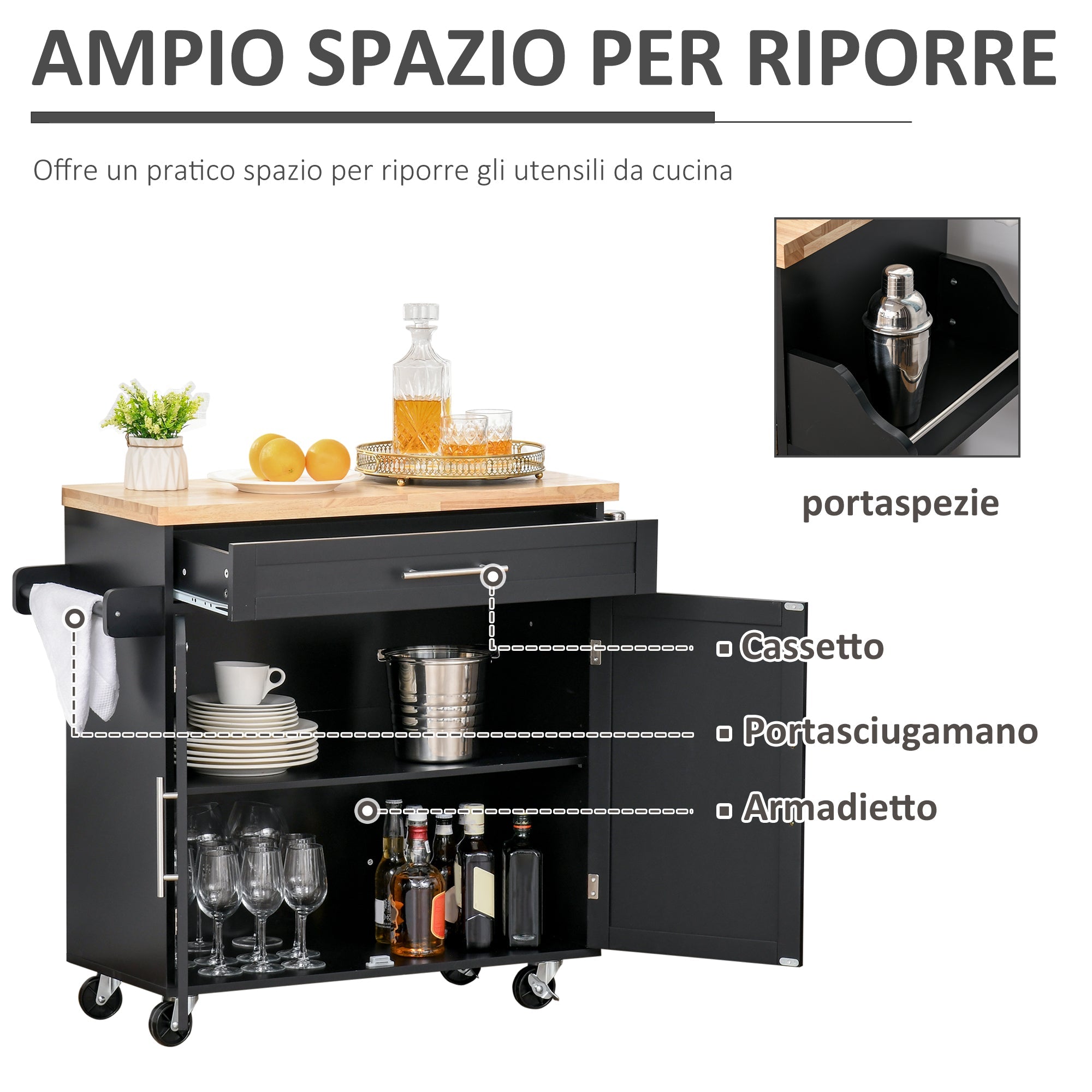 Carrello da Cucina 109x40x89 cm in Legno Nero