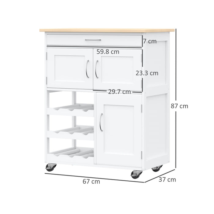 Easycomfort Carrello Portavivande, Carrellino per Cucina in Legno Bianco con Portabottiglie 1 Cassetto e 3 Antine, 67x37x87cm