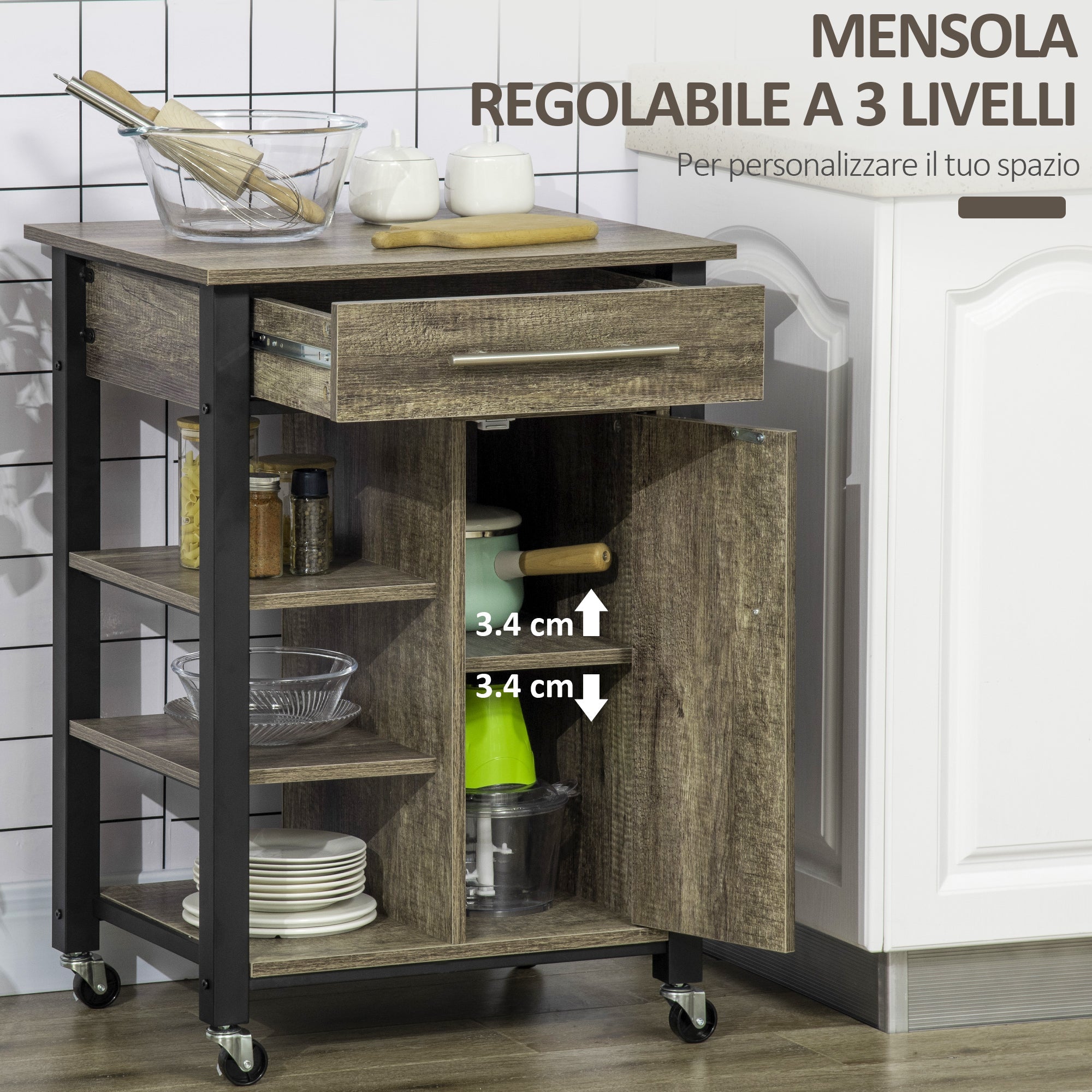 Carrello da Cucina 60x50x84,5 cm in Legno Truciolato Marrone