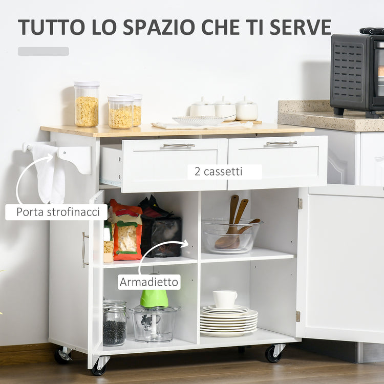 Easycomfort Carrello da Cucina Multiuso in Legno con 2 Cassetti, 104x46x91cm - Bianco