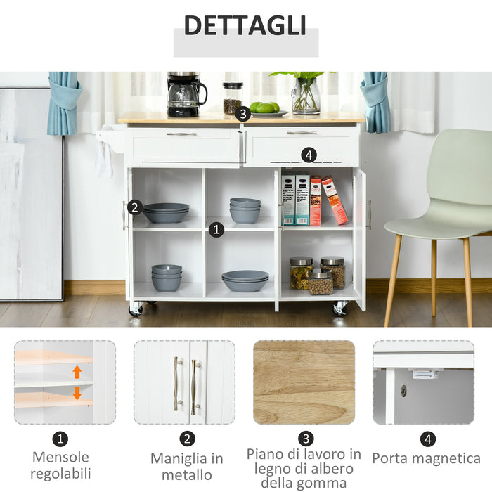 Easycomfort Carrello da Cucina Multiuso in Legno con 2 Cassetti, 3 Antine e 4 Ruote 121x46x91cm - Bianco