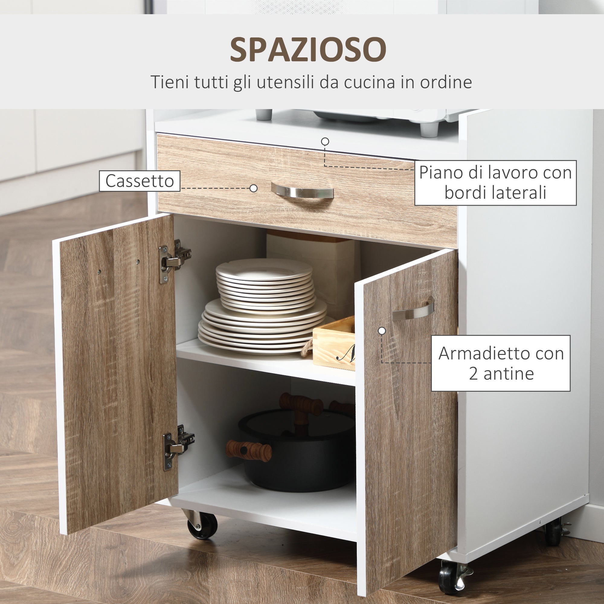 Easycomfort Carrello da Cucina Portavivande per Microonde con 4 Ruote, in Legno, 60x40x77cm - Rovere