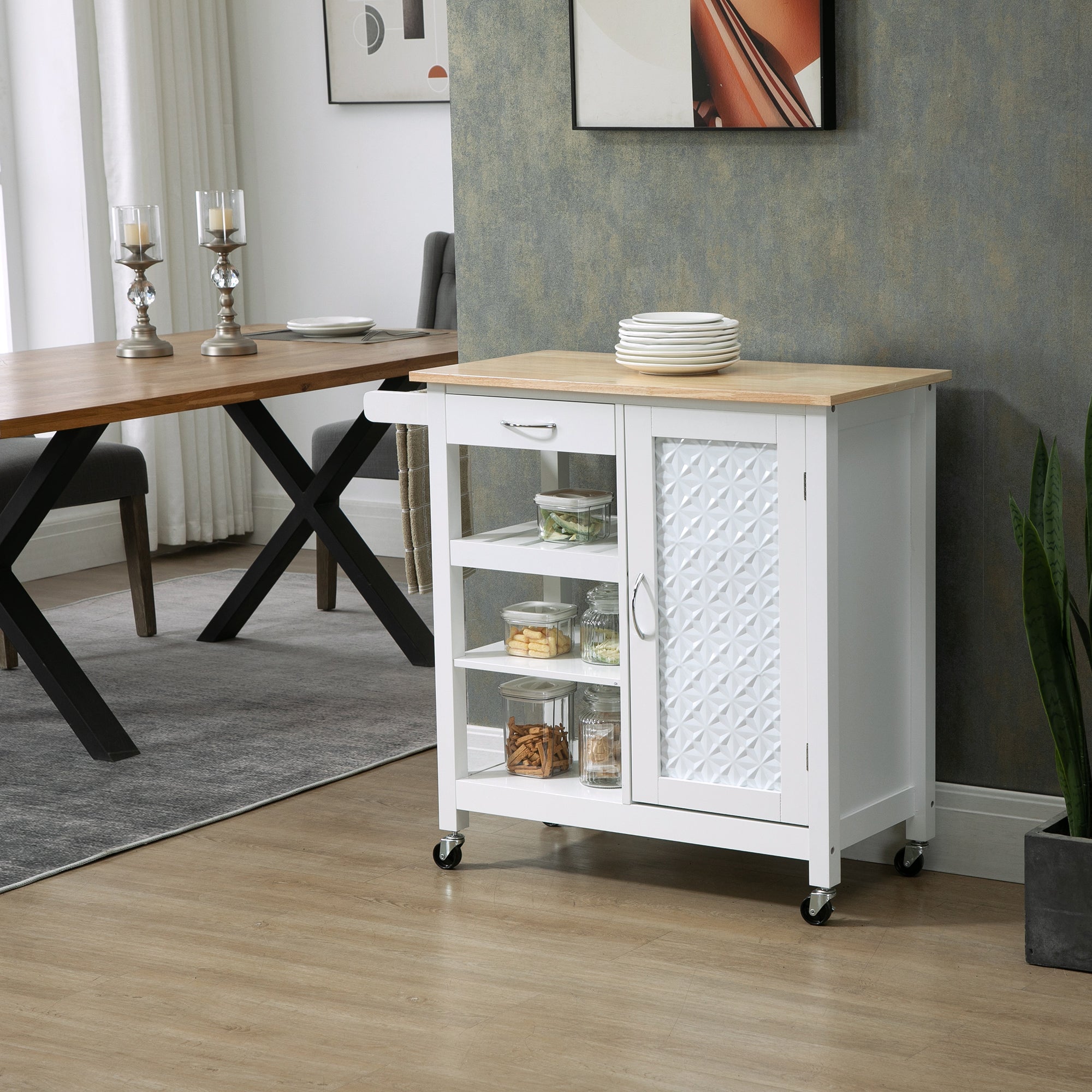 EASYCOMFORT  Carrello da Cucina con 1 Cassetto, 1 Armadietto e 1 Ripiano a 3 Livelli, 92x40x84cm, Bianco