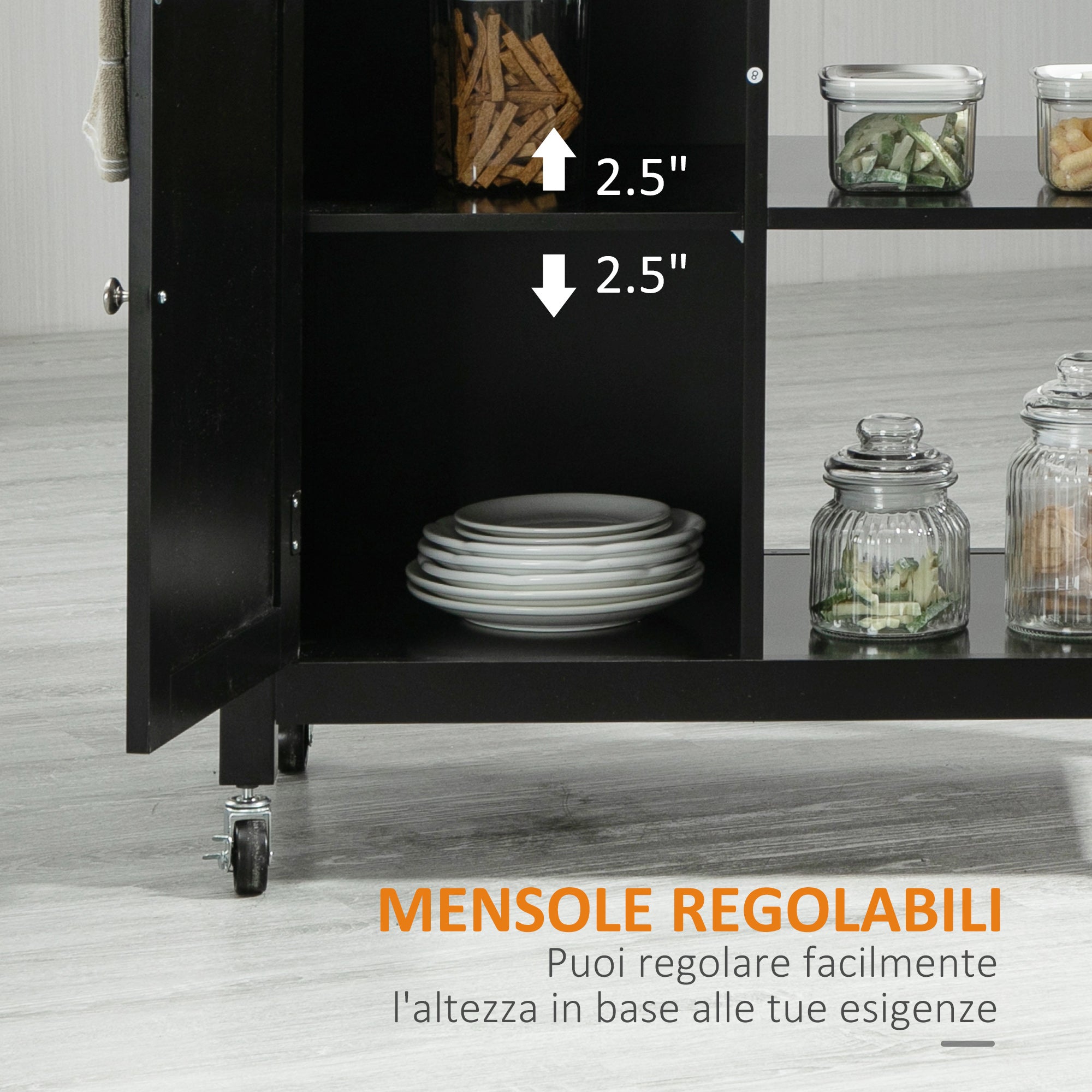 EASYCOMFORT  Carrello da Cucina in Legno con Cassetto, Armadietto e Ruote, 83x45x88cm, Nero